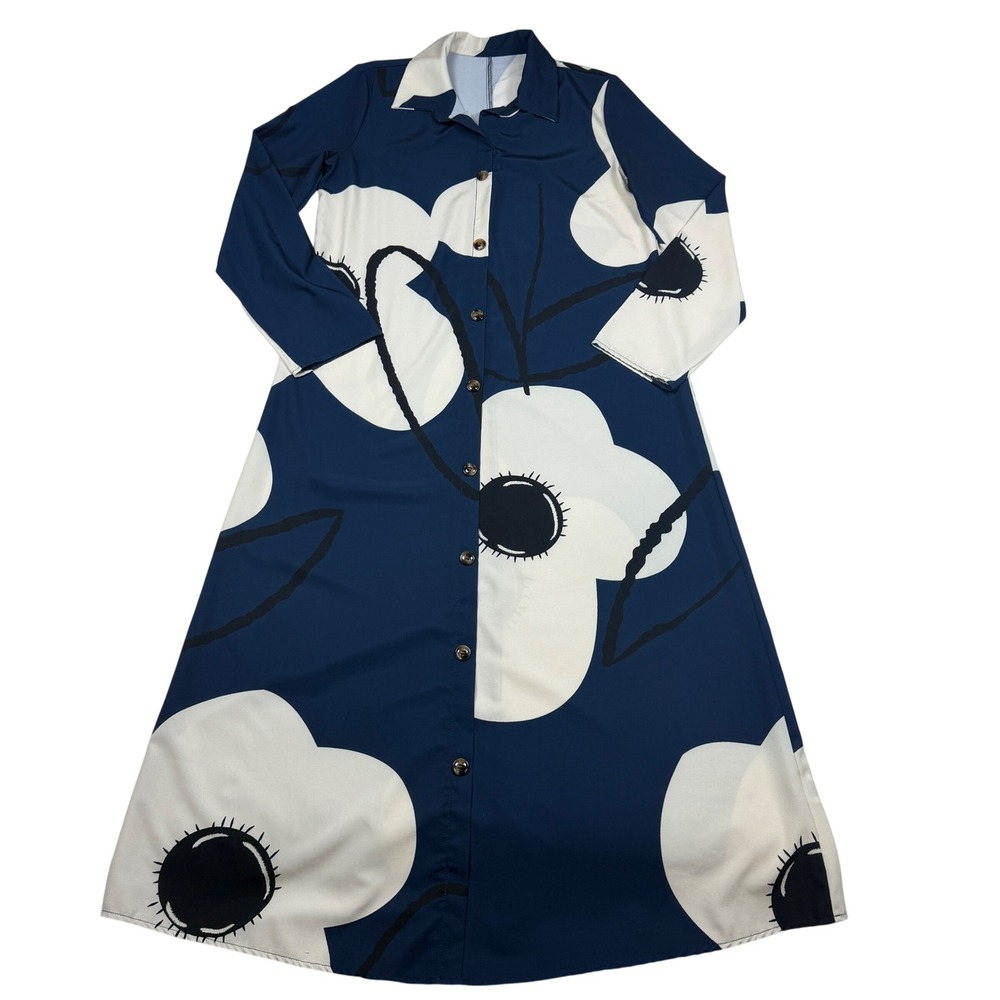 SHEIN Maxi Shirt Dress Womens S Navy White Floral Long Sleeve Button Front